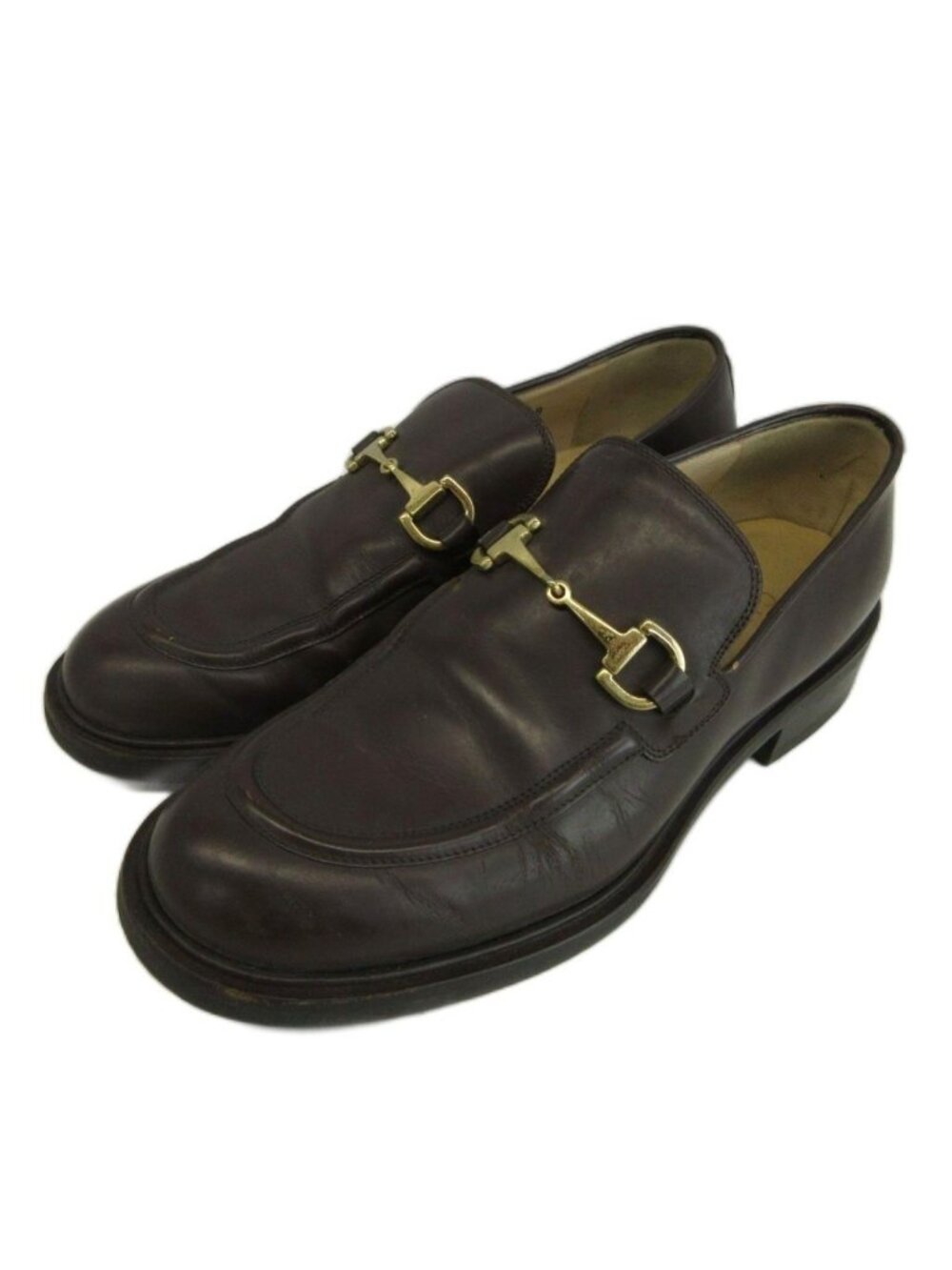 Gucci Loafers Moccasins Leather Shoes Horsebit Gold Dark Brown 6.5
